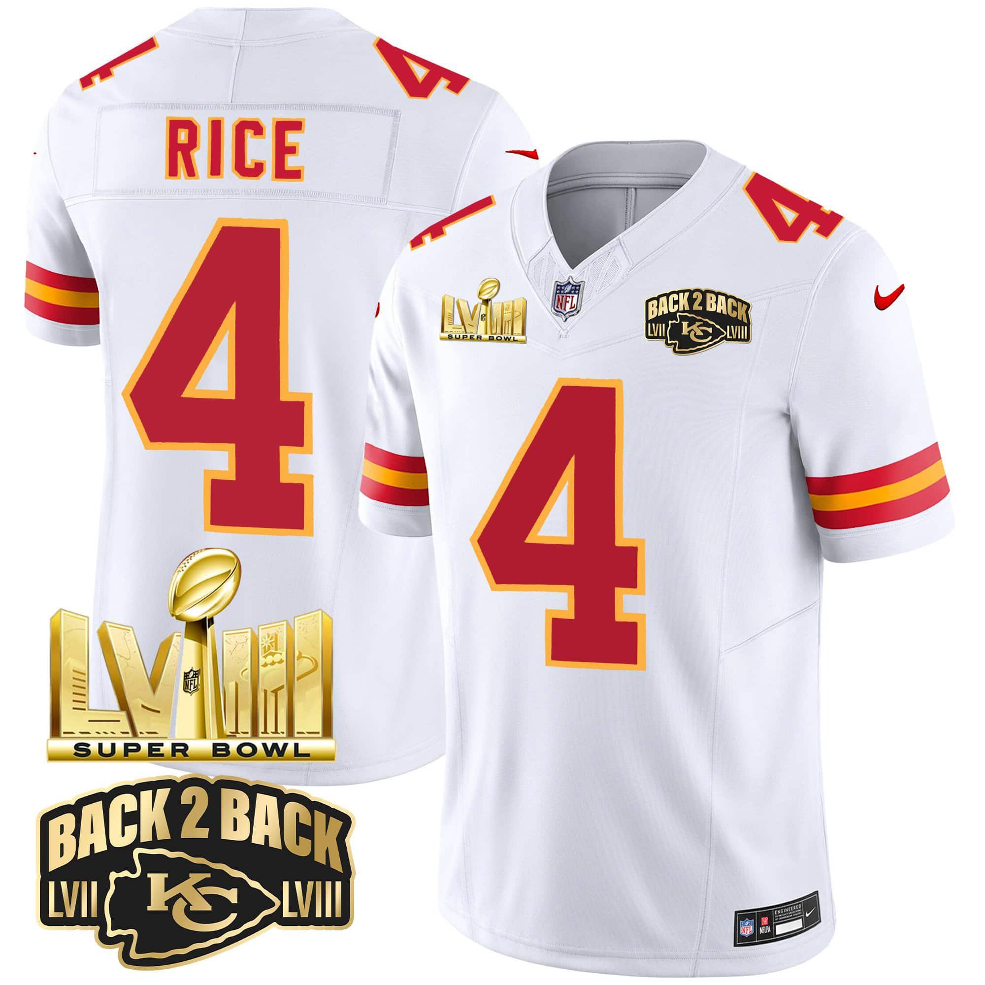 Men Kansas City Chiefs #4 Rice White 2024 Nike Super Bowl LVIII & Back-2-Back Gold Patch Vapor NFL Jersey->indianapolis colts->NFL Jersey